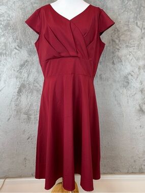 Sucrefas Tea Length Fit Flare Dress  Surplice Vneck Cap Sleeve Red 2XL